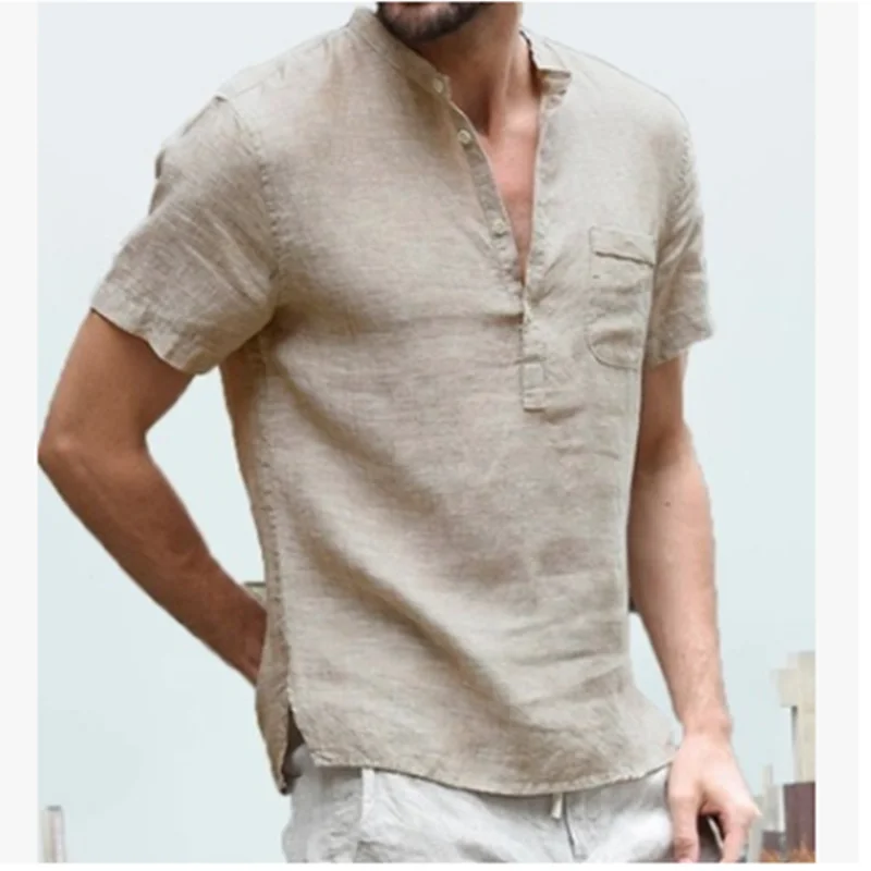 

Summer casual cotton and linen solid color, men's pocket decorative shirt, cotton and linen short-sleeved collar button half car