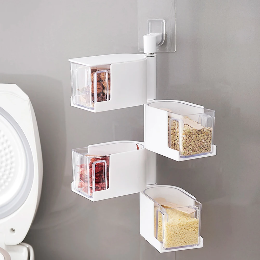 

2/3/4 Layer Container Rack Transparent Nail-Free Wall Plastic Spice Jar Set Self-Adhesive Rotatable Kitchen Spice Storage