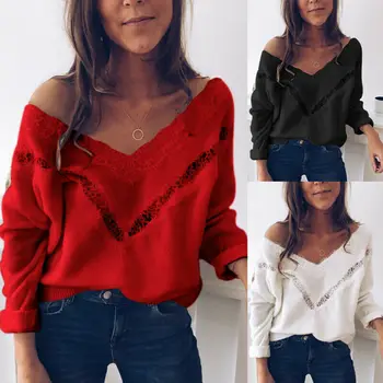 

Women Sexy V Neck Lace Long Sleeve Knitted Tops Slim Fit Sweater Jumper Blouse