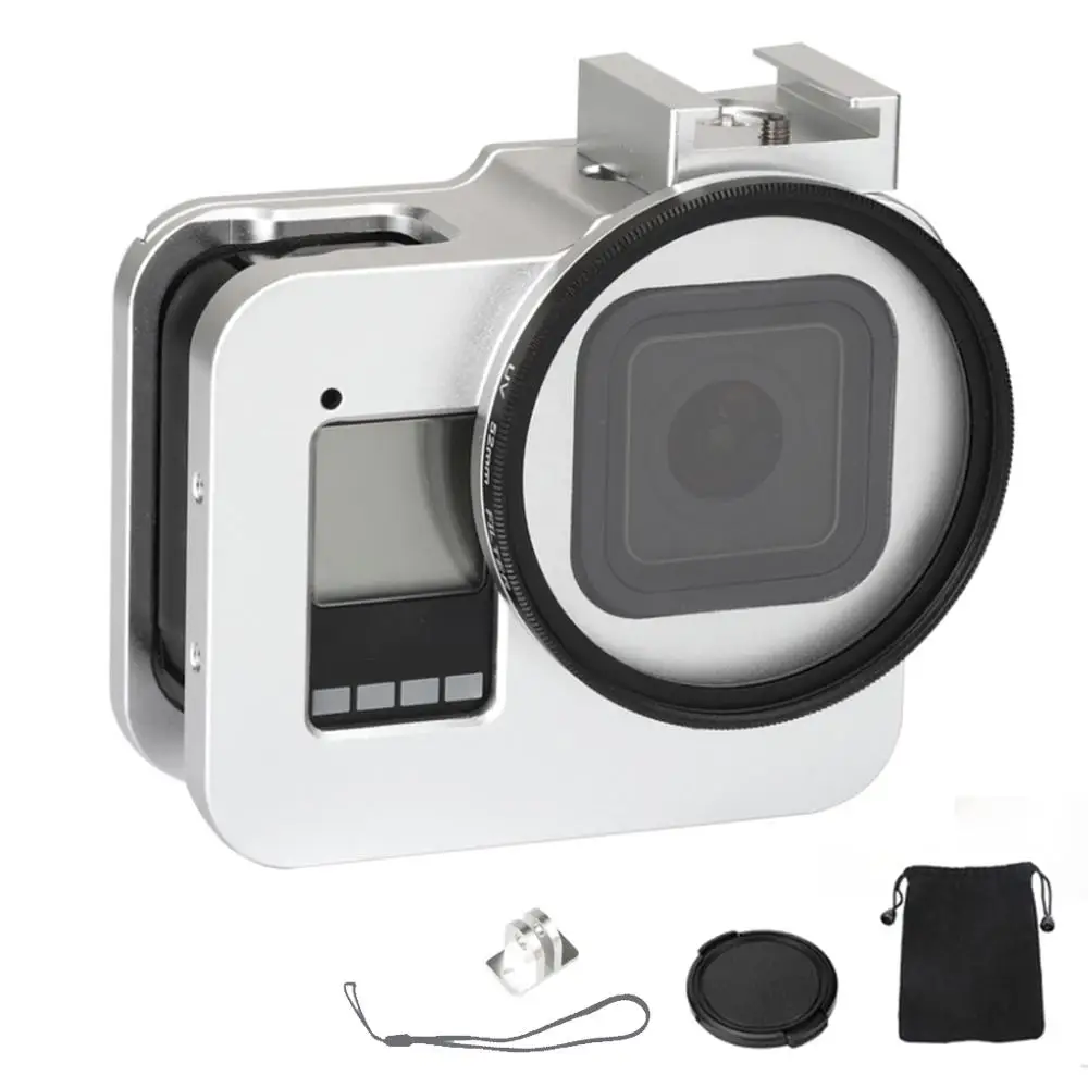 Silver JINSERTA алюминиевый сплав защитный чехол для GoPro Hero 8 черная металлическая рамка клетка+ УФ фильтр объектива для Go Pro 8 аксессуары для камеры - Цвет: Silver