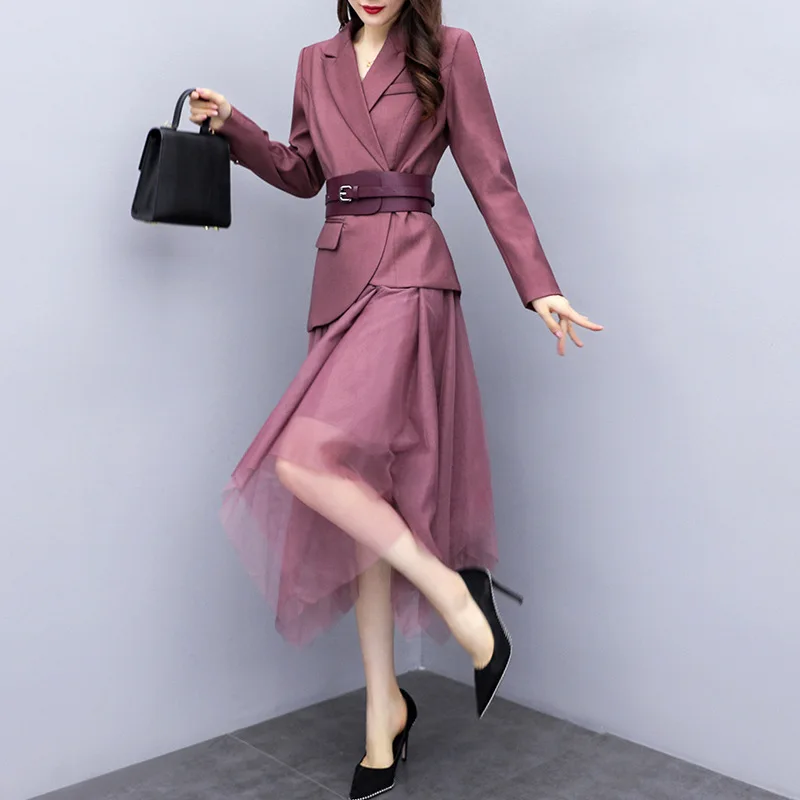 

2019 Autumn And Winter New Style Graceful Set Slim Fit Slimming Elegant Small Suit Jacket Gauze Skirt Two-Piece Set
