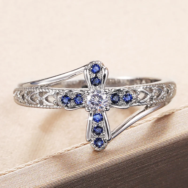 Женское кольцо в форме Креста Huitan ослепительное белого и синего цвета с