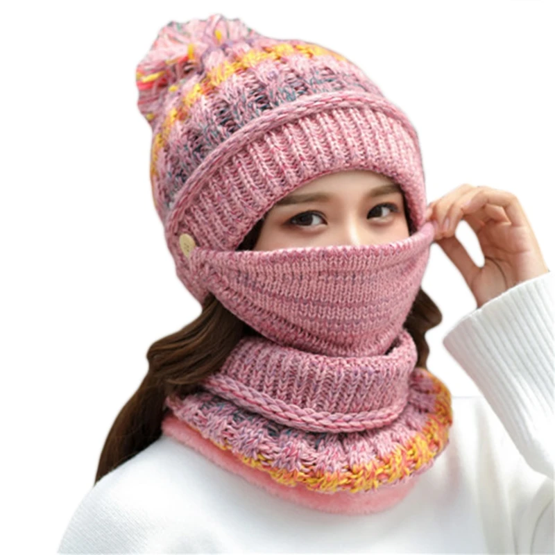 

Women Winter 3Pcs Pompom Beanie Hat Circle Scarf Face Mask Set Multicolor Striped Knit Skull Cap Plush Lined Neck Warmer