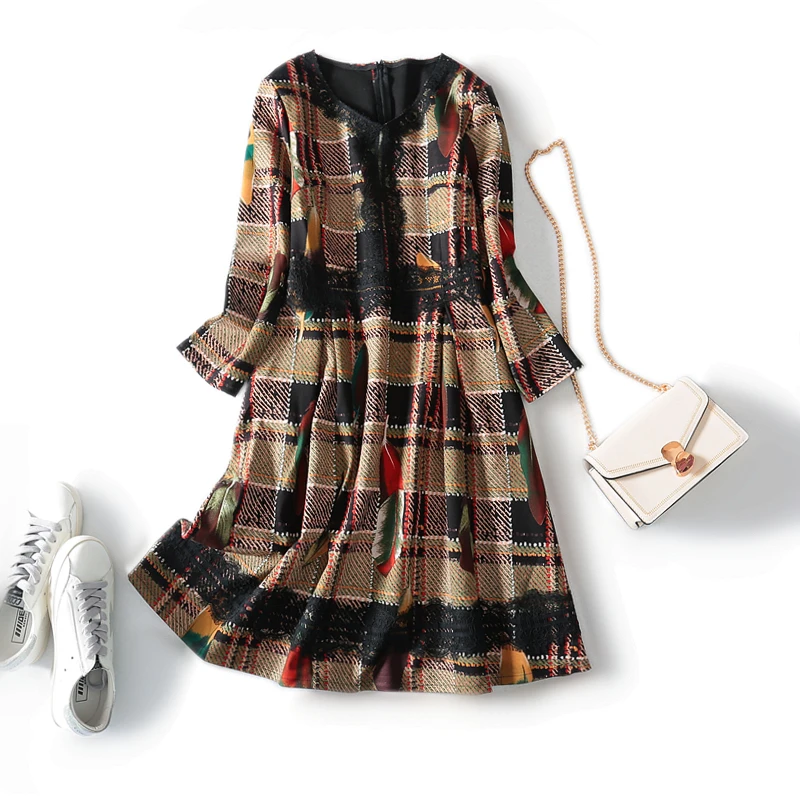 Трехмерное клетчатое платье в стиле ретро с v-образным вырезом кружевное