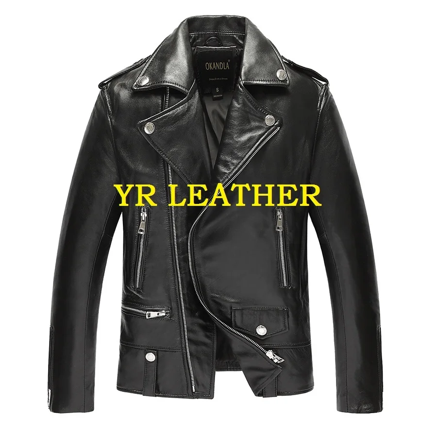 Gratis Shipping.100 % Schapenvacht. merk Classic Motor Biker Leren Jas, Heren Slanke Lederen Jas, Plus Size Kleding Gratis Shipping.100 % Schapenvacht. merk Classic Motor Biker Leren Jas, Heren Slanke Lederen Jas, Plus Size Kleding