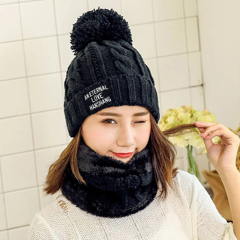 Pompom Fur Letter Embroidery Women Headgear Winter Neck Warmer Earmuffs Knitted Ladies Beanie Hat+Scarf Sets Outdoor Ski Gorro