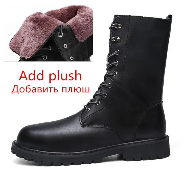 black add plush Военные ботинки; Мужская зимняя обувь; теплые мужские кожаные ботинки; ковбойские тактические ботинки; мужская повседневная обувь - Цвет: black add plush