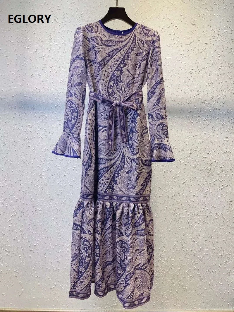 

New Arrival Dress 2021 Spring Summer Party Mermaid Dresses Women O-Neck Vintage Print Belt Deco Long Sleeve Midi Purple Dresses