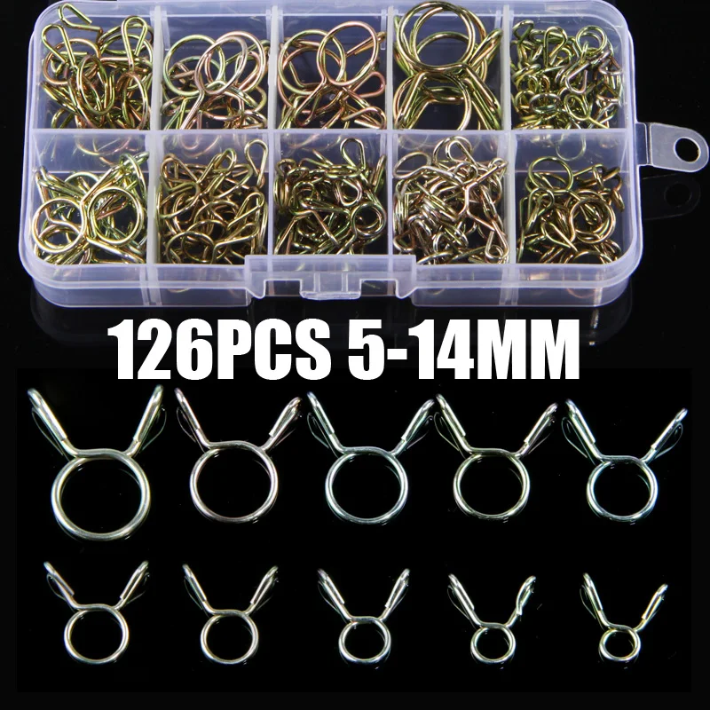 Hose Clamps 126Pcs 5mm-14mm Hose Clamp Zinc Plated Spring Clips Gear Hose Fuel Line Clamp for Boats Motorcycles