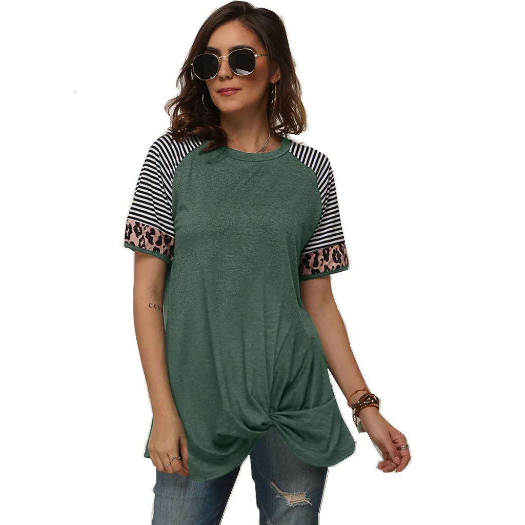 

New Vogue Stripe Short Sleeve Tee Shirt Women Leopard Patchwork Ladies Ruffled Tshirt Green Casual Cotton T-shirt Summer Top