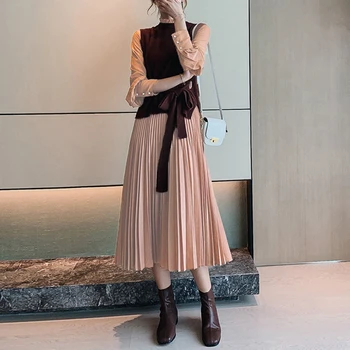 

Autumn Two Piece Sets Women Lace-Up Knitted Sweater Vest and Basic Pullover Long Pleated Dress Korean Vintage Boho 2 Pieces Suit