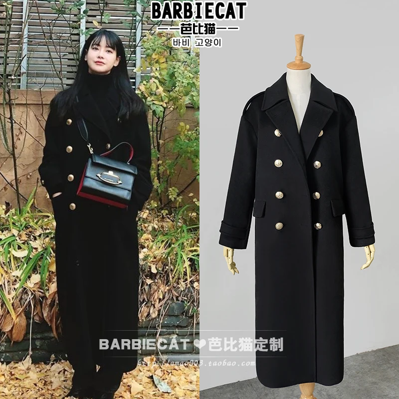 Модное двубортное x-long шерстяное пальто женское черное прямое свободное шерстяное пальто - Цвет: black