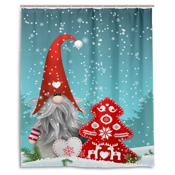 

Lovely Sprite Christmas Gnome Snowman Snow Reindeer Shower Curtain Polyester Waterproof, Merry Christmas Tree Red Bells