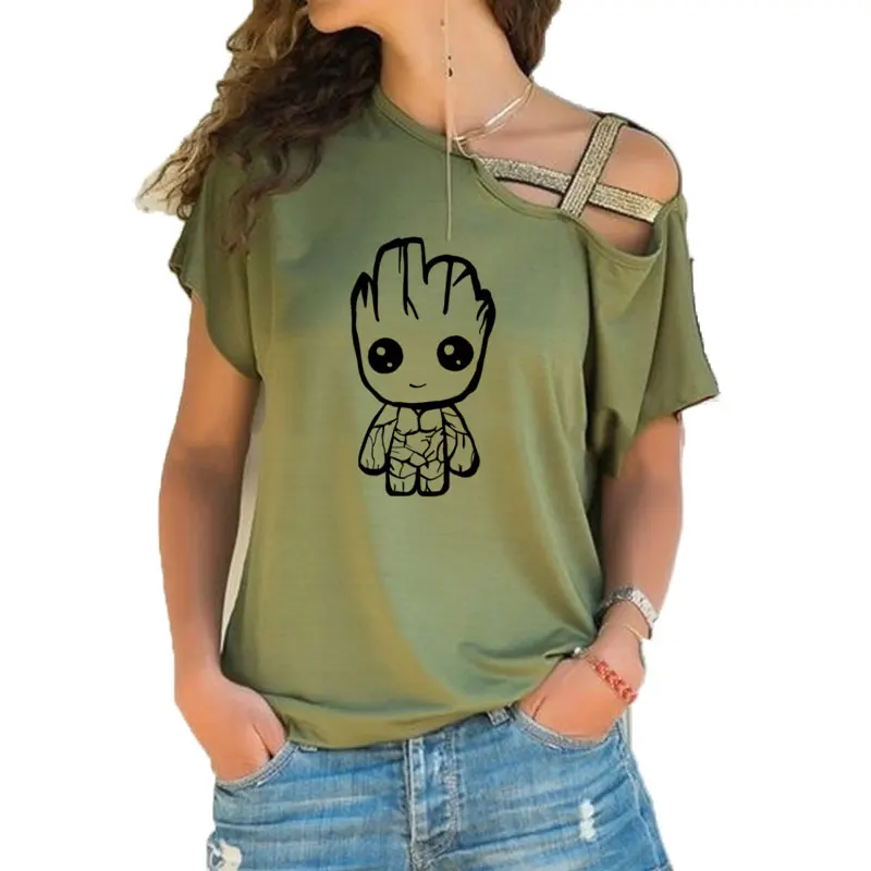 Camiseta de diseño kawaii Groot para mujer, camisetas de manga corta a la moda, camiseta Hipster Irregular con vendaje cruzado