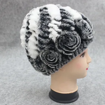 

New Russia Winter Women Flower Striped Natural Real Fur Hats Lady Warm Knit Genuine Rex Rabbit Fur Caps Outdoor Fur Beanies Hats