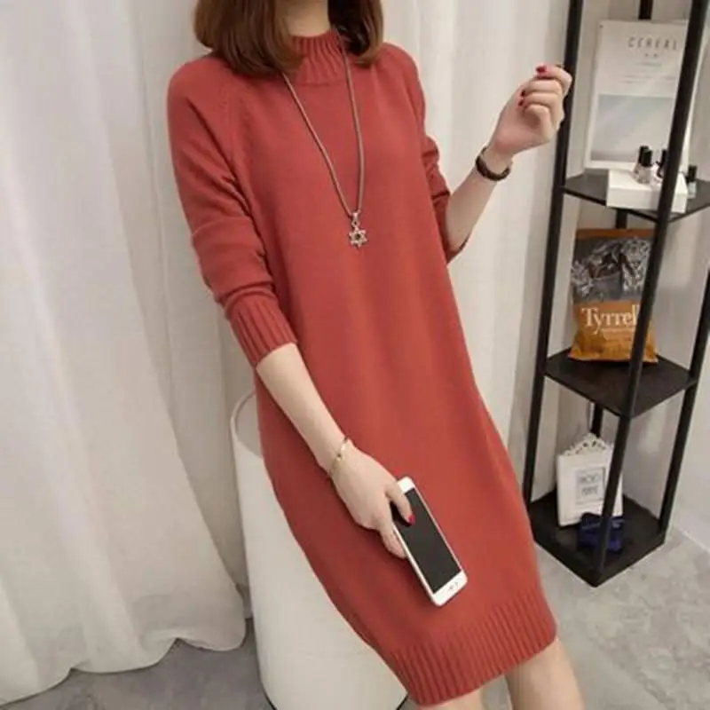 Winter Slim Long Sweater Women Warm Half-high Collar Pullover Dress Plus Size Knitted Bottoming Top | Женская одежда