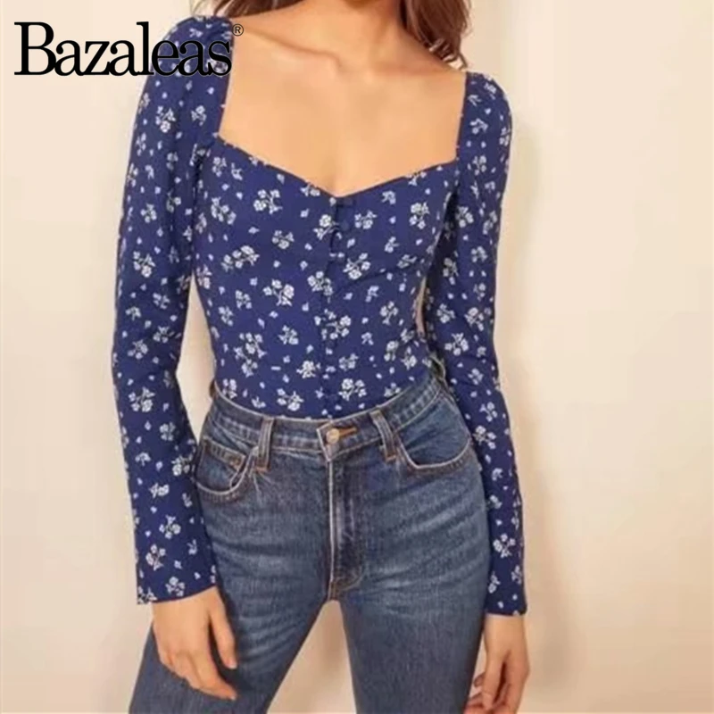 Bazaleas элегантная синяя блузка с цветочным принтом mujer de moda 2020 эластичная женская