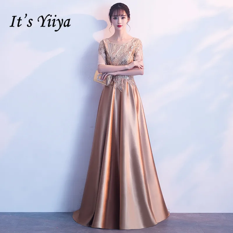 

It's Yiiya Evening Dress Gold Sequin Shiny Formal Gowns For Women Party Robe De Soiree O-Neck Half Sleeve Formal Dresses K164