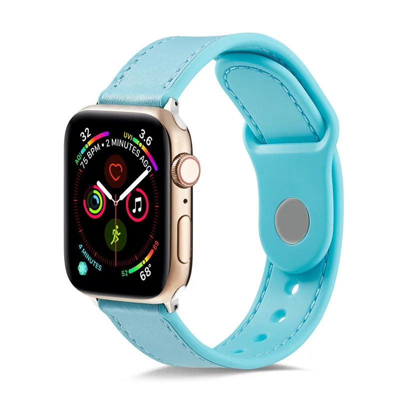 Кожаный чехол+ Силиконовый ремешок для apple watch band 44 мм 40 мм Натуральная Кожа наручных часов iwatch, 42 мм, 38 мм, ремешок для наручных часов apple watch 5/4/3/2/1 браслет - Цвет ремешка: light blue