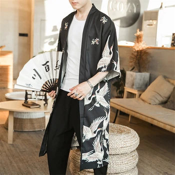 

Men Japanese Style Kimono Cardigan Yukata Crane Printed Harajuku Fashion Clothing Haori Traditional Samurail Women Streetwear