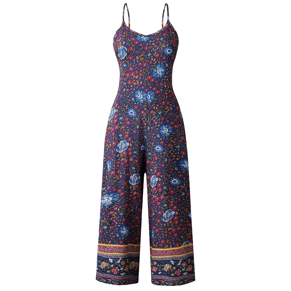 Dark Blue Женский Игровой костюм сексуальное шифоновое платье с цветочным принтом; брюки с широкими штанинами, без рукавов, комбинезон, ромпер с открытой спиной комбинезоны для девочек в стиле «Бохо пляжные комбинезоны#30 - Color: Dark Blue