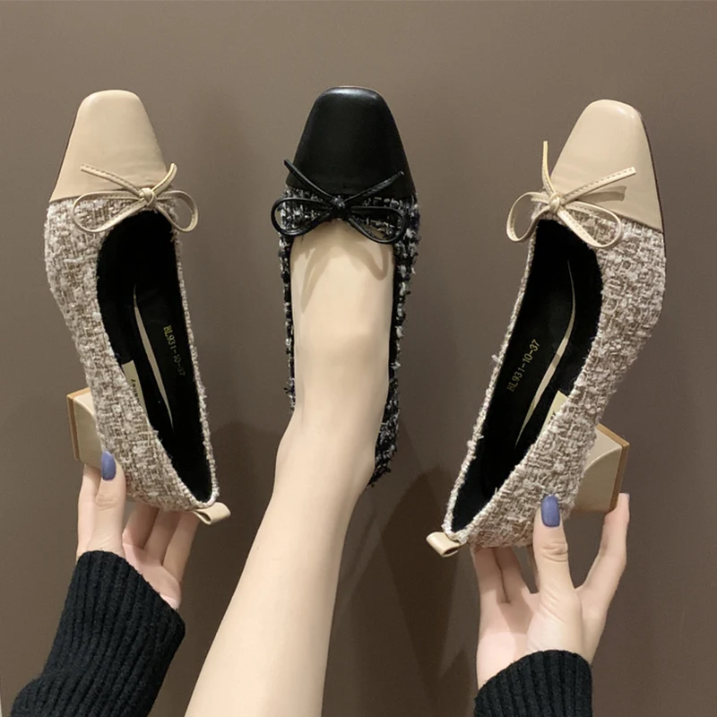 

Block Heels For Women Pumps Slip Om Bow Shoes Lace-up Shallow Mouth Sandals Ladies Square Toe Chunky Gold Beige Casual 3cm