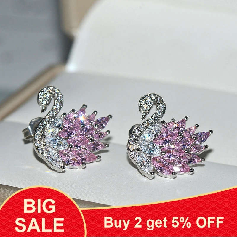 

2019 New Korean Earrings Cute 925 Sterling Silver Bling Zircon CZ Stone Swan Stud Earrings for Women Fashion Jewelry