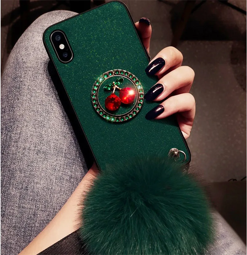 

case for iPhone 11 XR 7 8 11 Pro Max X XS Max Plus 6 6s cover cherry Rhinestone Finger ring