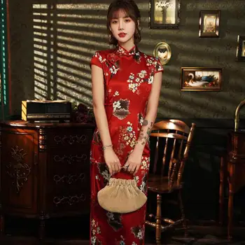 

Lady Sexy Long High Split Chinese Satin Dress Elegant Mandarin Collar Cheongsam Sexy High Split Pirnt Flower Qipao Vestidso