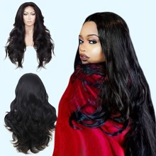 Anogol высокотемпературные волокна волос естественная линия волос Glueless длинная волна тела 1B черный синтетический парик фронта шнурка со средней частью