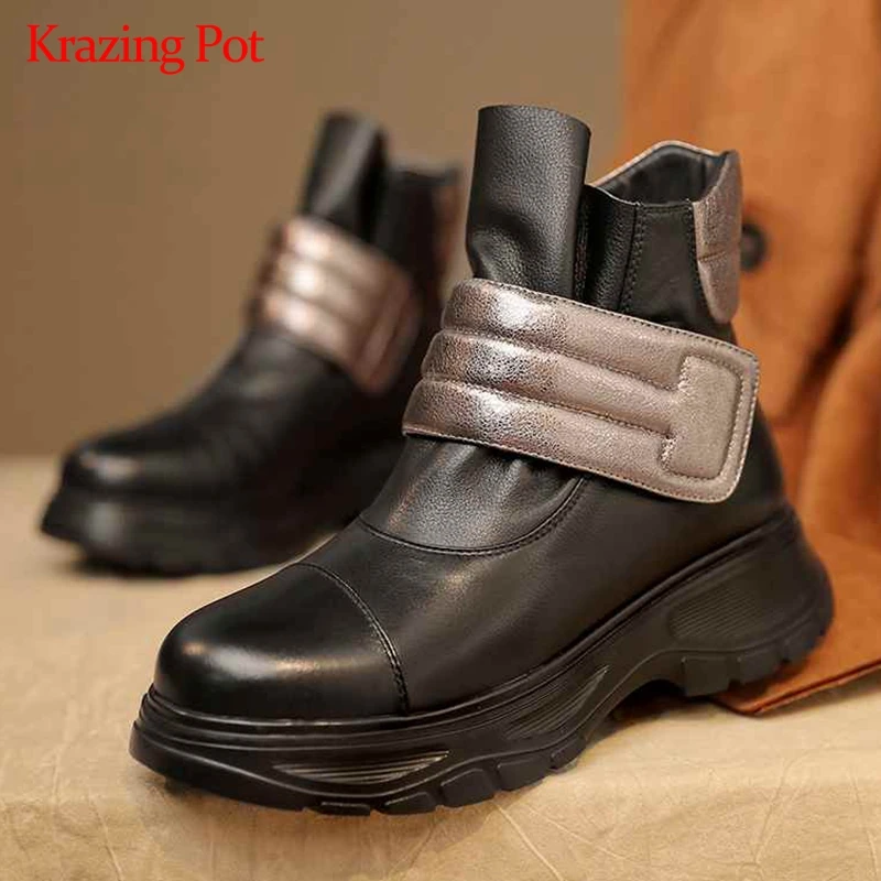 

Krazing pot winter 2020 genuine leather motorcycle boots hook loop leisure design comfortable thick bottom ankle boots L9f1