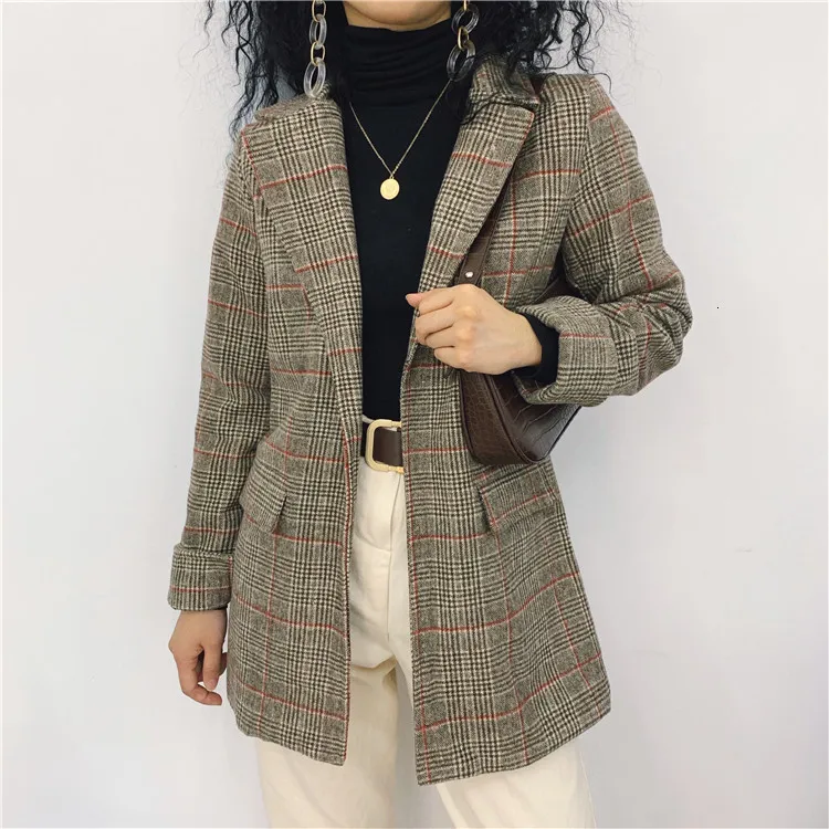 Vintage Check Woman Suit Jacket Long Sleeve Fashion Loose Autumn Winter Thicking Woolen Coat