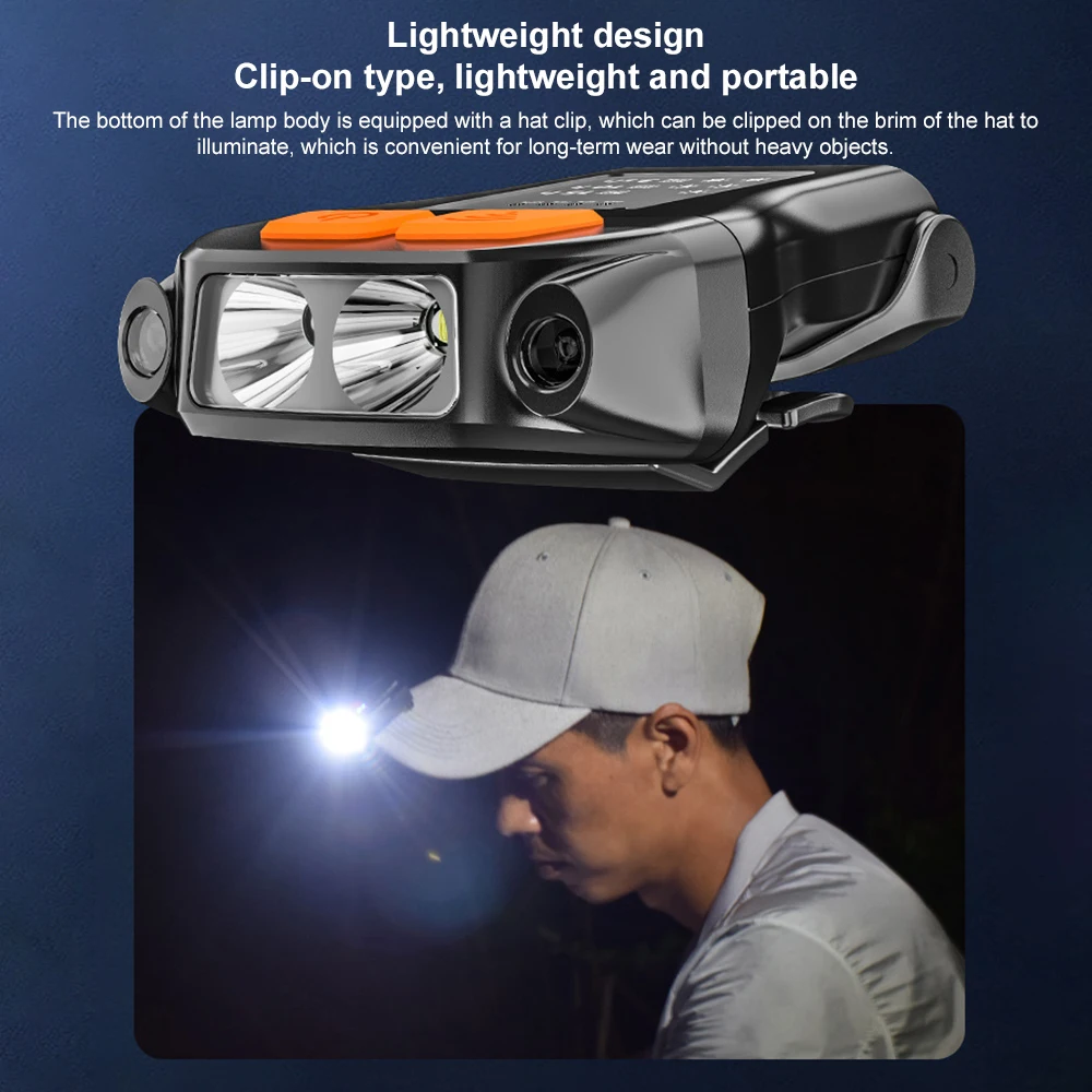 LED Cap Light Clip Hat Headlight Smart Wave Sensor Waterproof 90&deg; Rotation Fishing Cap Lamp USB Charging Head Lamp For Outdoor head flashlight,cob headlamp
