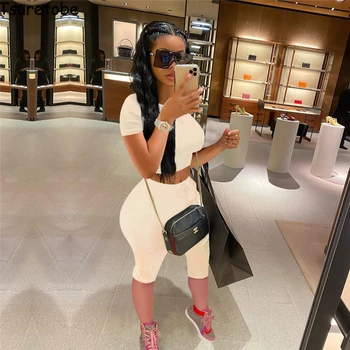 

Tsuretobe 2 Piece Set Women Outfits crop top And Stacked biker shorts Streetwear Matching Sets Bodycon Summer Clothes Female