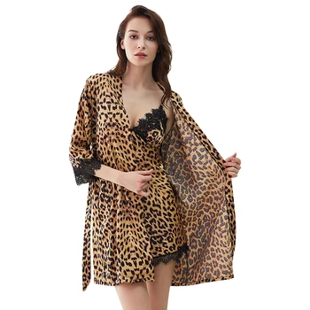 

2019 2PC Women Sexy Nightgown Lady V-neck Leopard Nightdress Nightclub Style Lace Sling Sexy Nightwear Set Lingerie pijama mujer