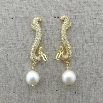 

M012923 12MM White Keshi Pearl Cz Pave Dragon Earrings