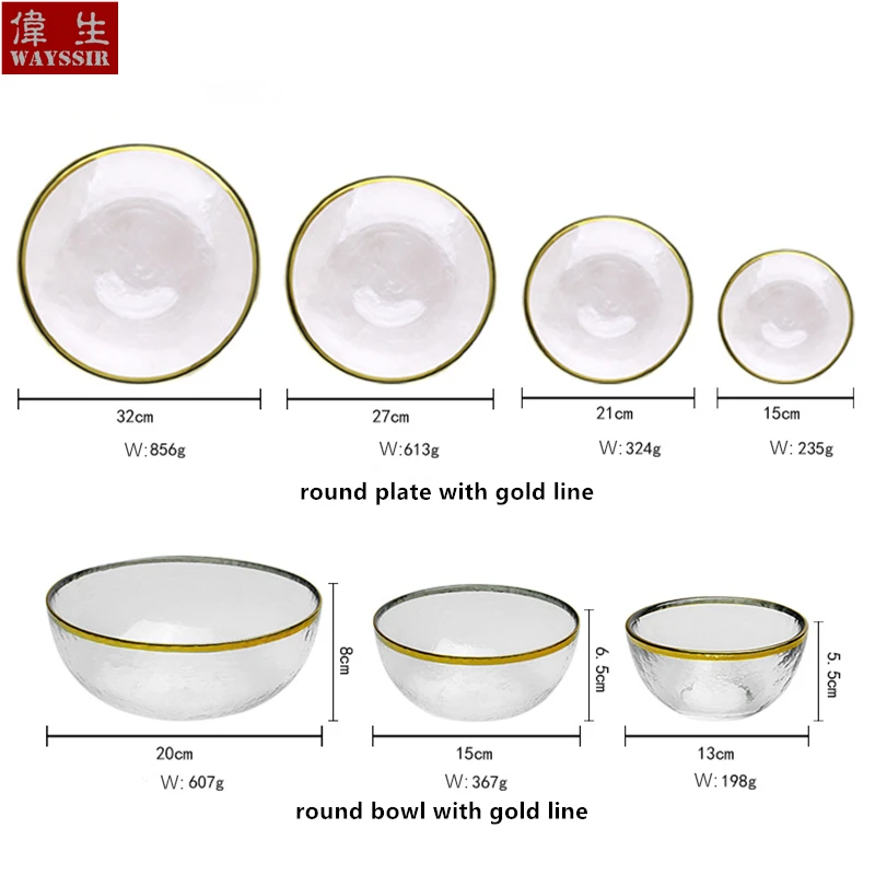 Nordic style gold-plated glass plate for fruit, dessert, salad, soup bowl, dinner, hotel, wedding, decorative tableware