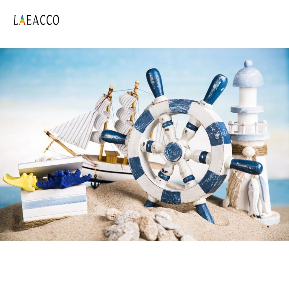 

Laeacco Beach Sands Rudder Light House Boat Model Baby Photography Background Customized Photographic Backdrops For Photo Studio