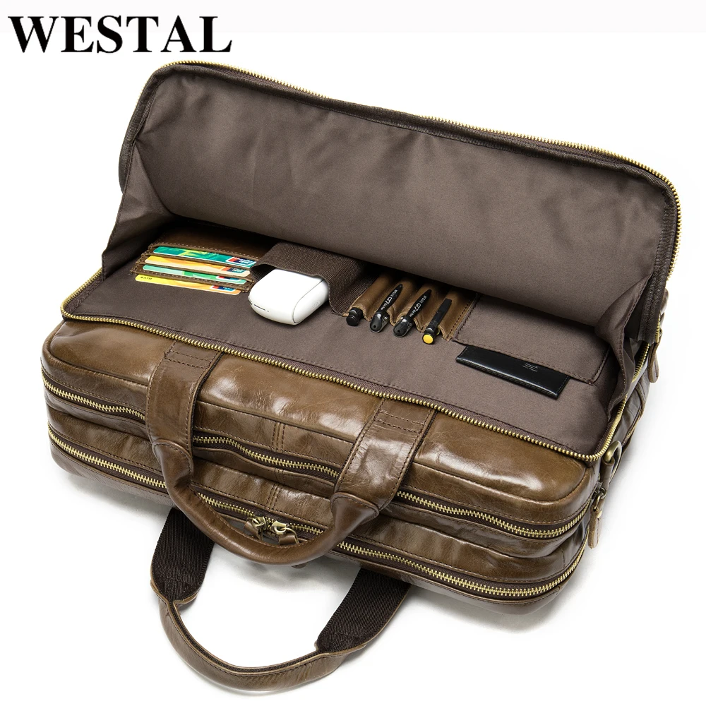  WESTAL Messenger Bag Men Genuine leather shoulder bags man Business male briefcases bag for laptop 