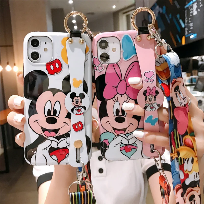 Disney Cartoon Mickey Minnie Mouse Daisy Donald Duck Wrist Strap Lanyard Phone Case For IPhone 12 Pro Max 11 7 8 Plus X XR SE XS