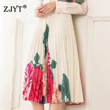 

2020 Summer New Fashion Runway Skirt Women Elegant High Waist Flower Print Midi Pleated Skirts for Ladies