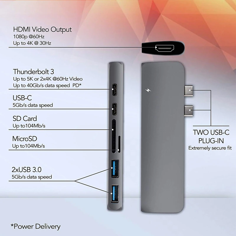 Концентратор USB type C адаптер Thunderbolt 3 7в1 двойной type-C док-станция с 4K HDMI USB 3,0 TF SD слот PD для MacBook Pro