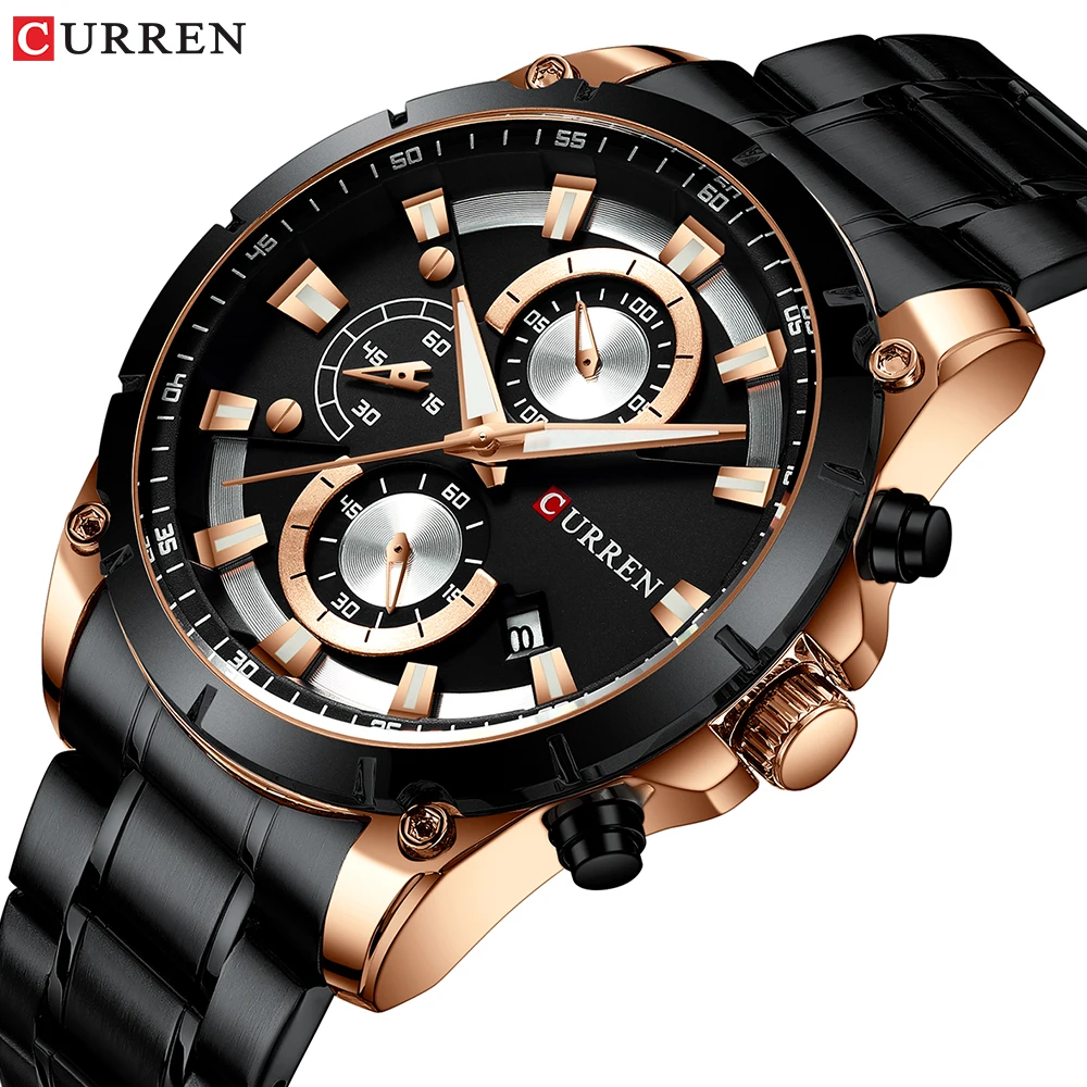 

CURREN Men's Casual Quartz Watch 3D Engraved Dial Black Date Chronograph Waterproof Military Sport Stainless Steel Belts Watches