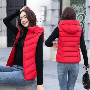 

Korean Autumn Winter Short Cotton Vest Women Slim Sleeveless Hooded Coats Female Solid Waistcoat Detachable Hat Outerwear OL