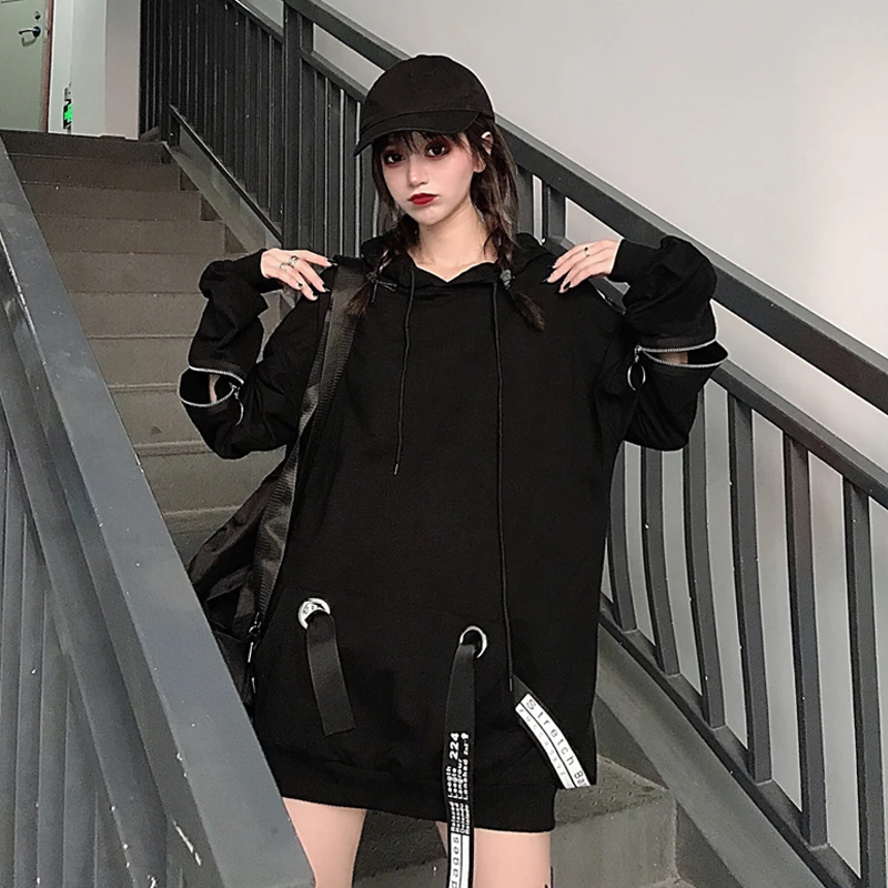 Neploe Harajuku Толстовка с капюшоном и буквенным карманом на молнии с длинным рукавом Женская толстовка средней длины пуловер Топы 56516