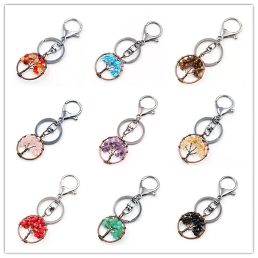 

FYJS Unique Copper Plated Wire Wrap Circle Lobster Clasp Tiger Eye Stone Tree of Life Key Chain Black Agates Jewelry