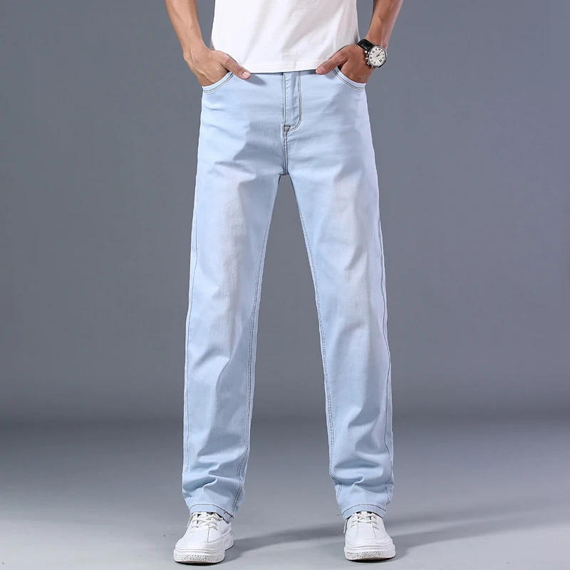 

Plus Size 40 42 44 Men's Light Blue Thin Jeans 2020 Spring and Summer New Loose Straight Advanced Stretch Denim Pants Male Brand