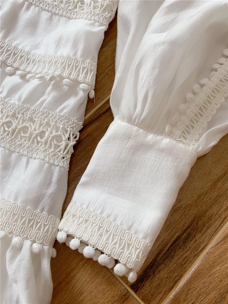 White dress Autumn Runway Holiday Embroidery Dresses Women's Elegant Full Sleeves Embroidery Hollow Out Fuzzy Balls Vestidoes