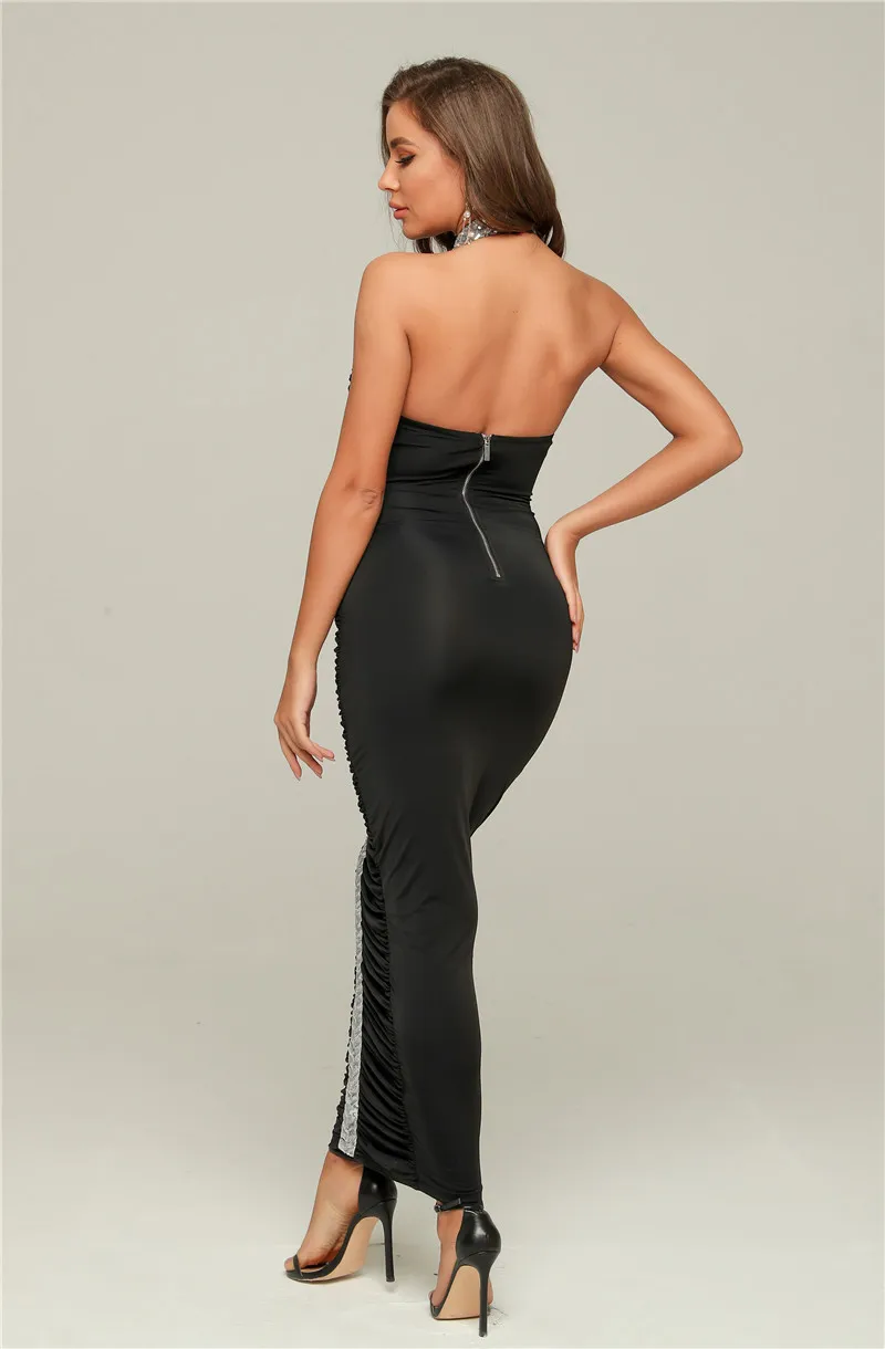 Черный Холтер без рукавов без спинки плиссированные Sequin Bodycon лодыжки длина Bodycon женское вечернее платье