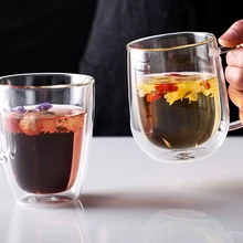 Двухслойная стеклянная чашка с ручкой для сока молока напиток прозрачные чашки бытовой цветочный контейнер для чая термостойкая посуда для напитков